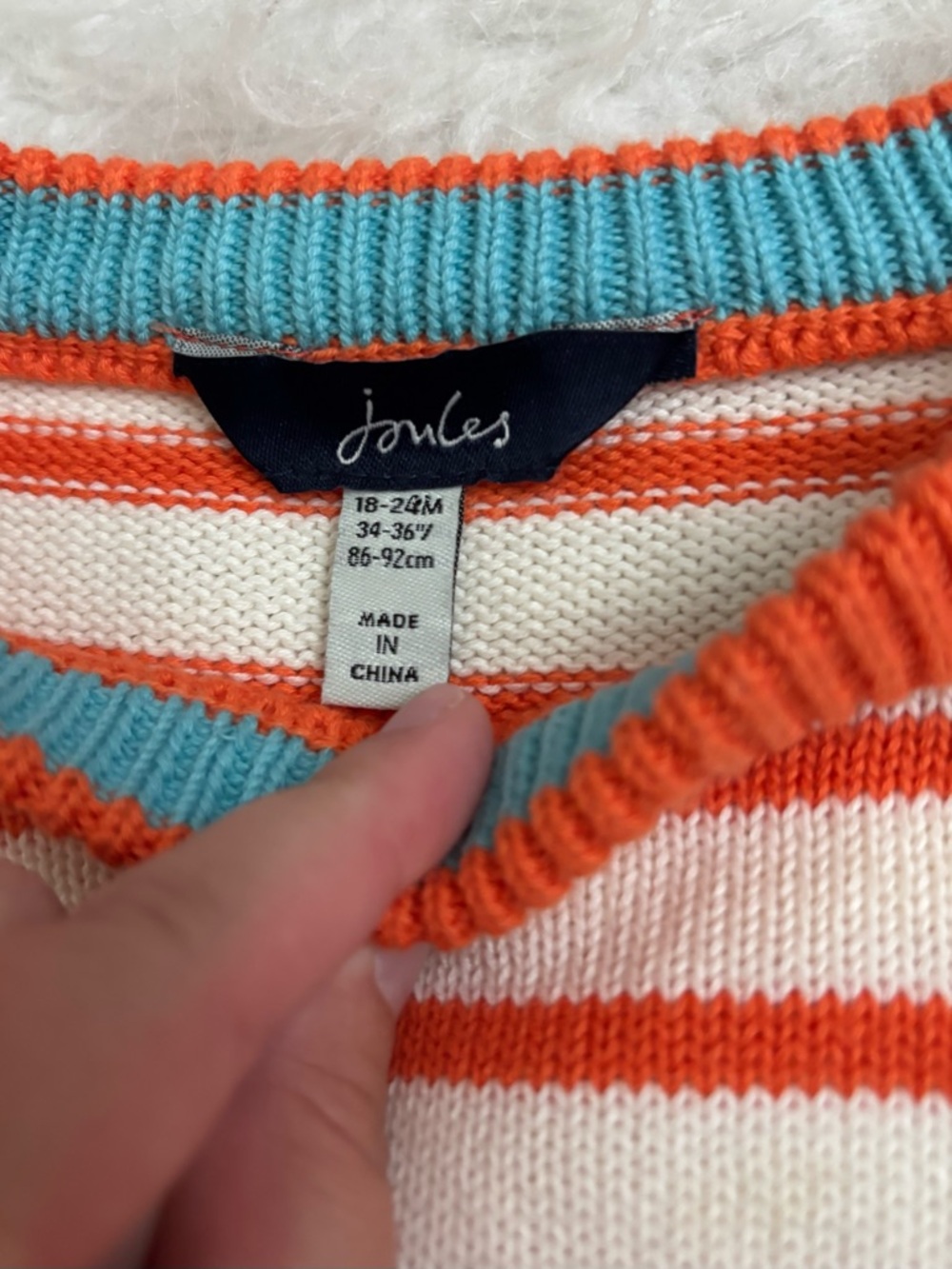 Joules Cream & Orange Knit Striped Sweater with Green Dinosaur Applique - Picture 2 of 4